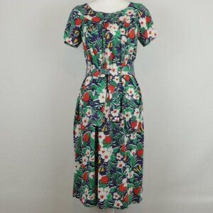 Women's Vintage Handmade Medium Blue & Green Floral Knit Belted Midi Dress